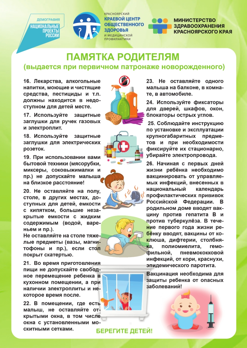 Памятка родителям (выдается при первичном патронаже новорожденного)